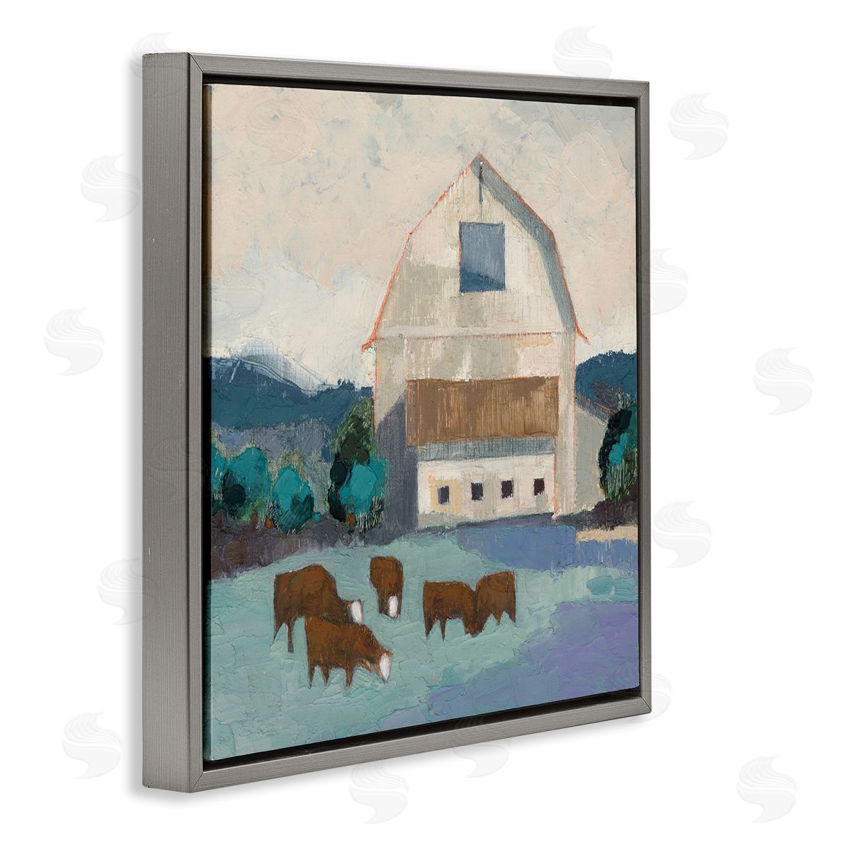 Barnyard Grazing Cattle Grey Floating Frame Canvas Wall Art, Home Decor by Sue Jachimiec
