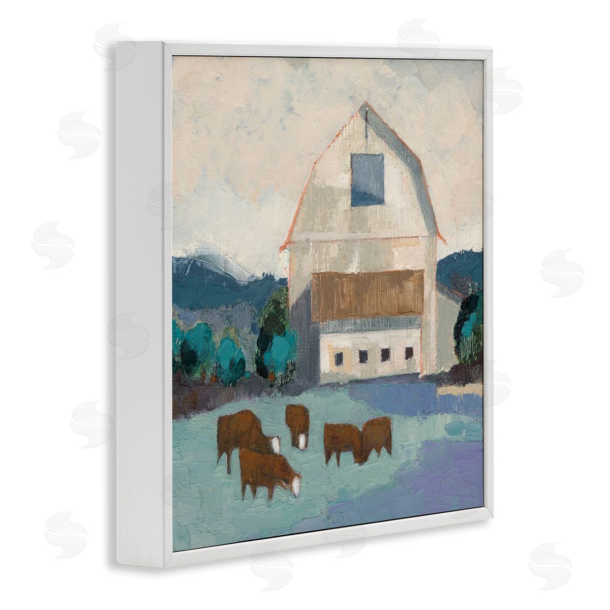 Barnyard Grazing Cattle White Frame Print Wall Art, Home Decor by Sue Jachimiec