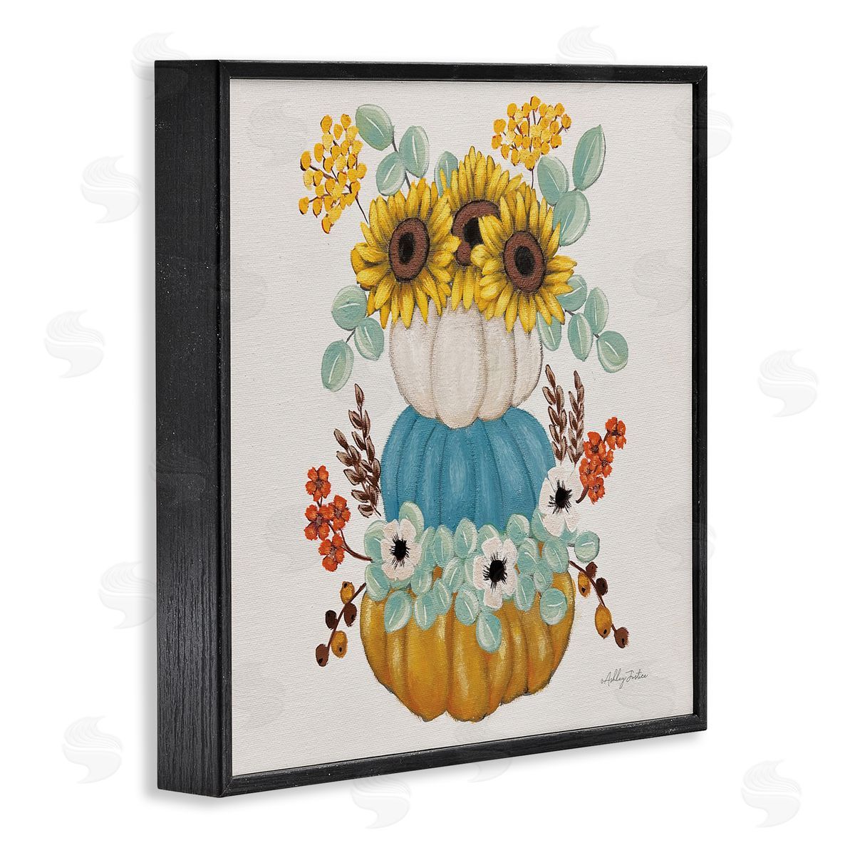 Seasonal Flower and Pumpkins Black Frame Print Wall Art, Home Decor by Ashley Justice