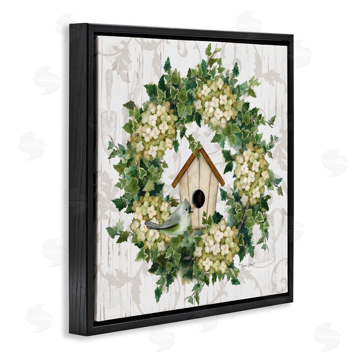 Spring Birdhouse Wreath Black Floating Frame Canvas Wall Art, Home Decor by Annie LaPoint