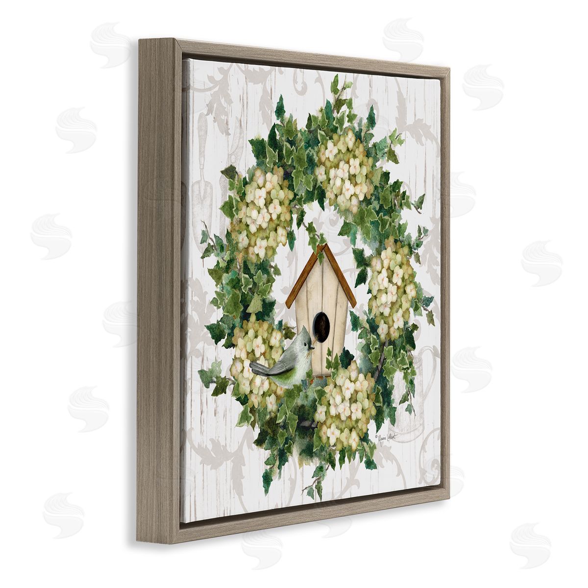 Spring Birdhouse Wreath Brown Floating Frame Canvas Wall Art, Home Decor by Annie LaPoint