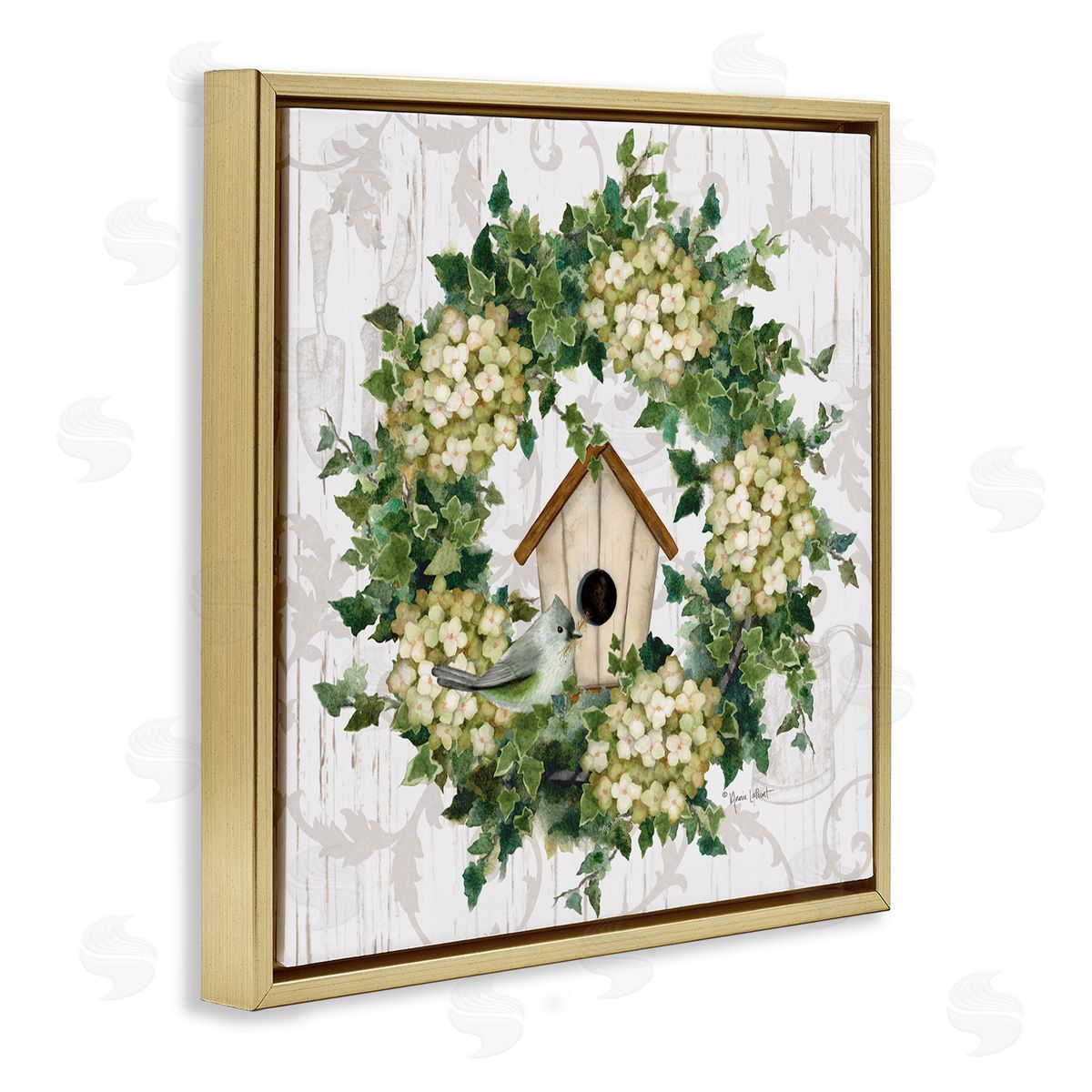 Spring Birdhouse Wreath Gold Floating Frame Canvas Wall Art, Home Decor by Annie LaPoint