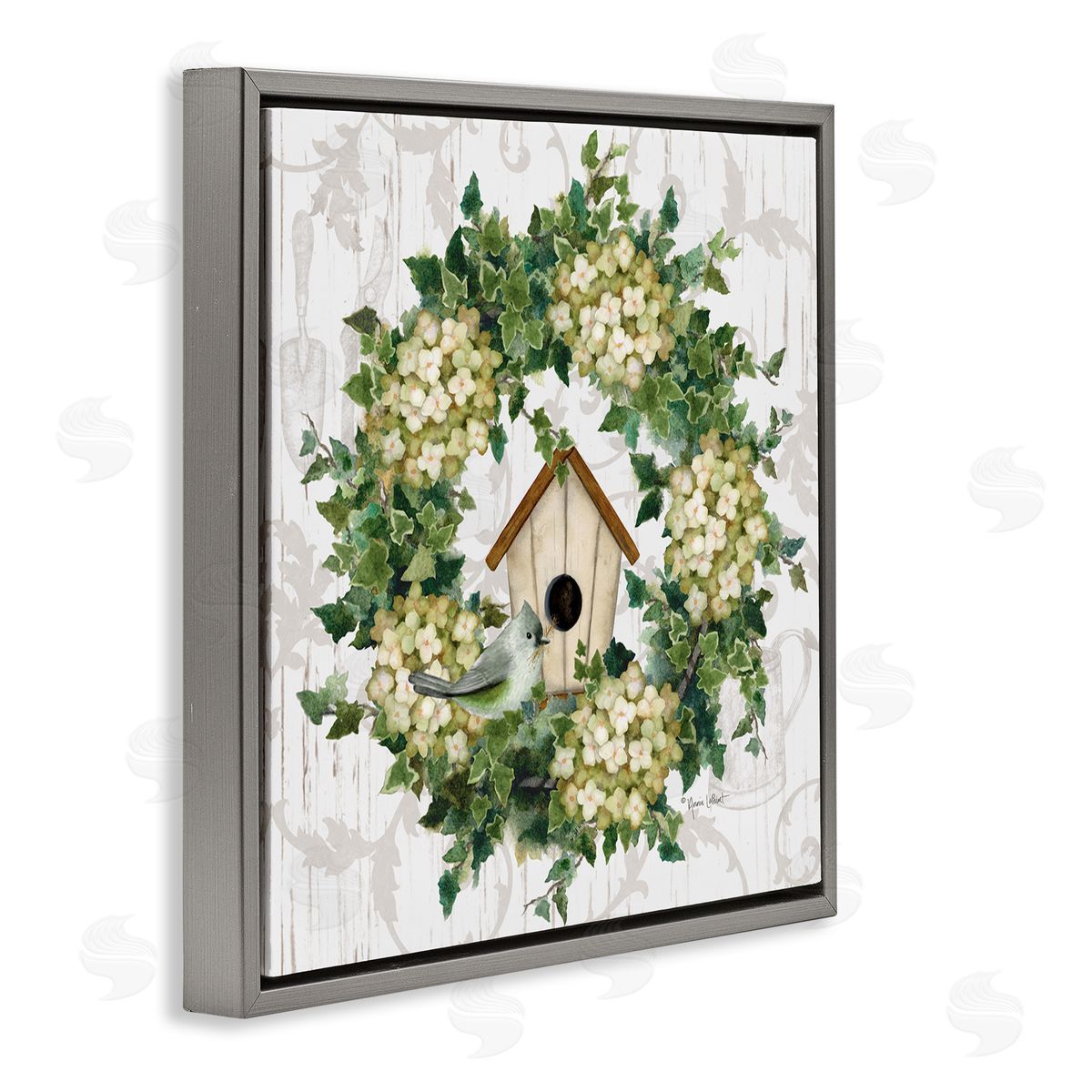 Spring Birdhouse Wreath Grey Floating Frame Canvas Wall Art, Home Decor by Annie LaPoint