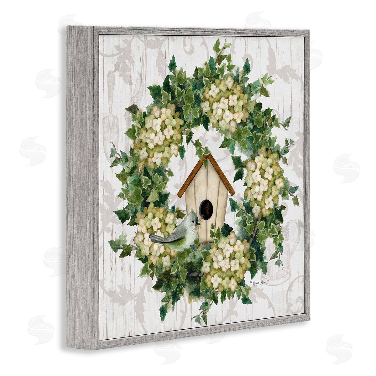 Spring Birdhouse Wreath Grey Frame Print Wall Art, Home Decor by Annie LaPoint