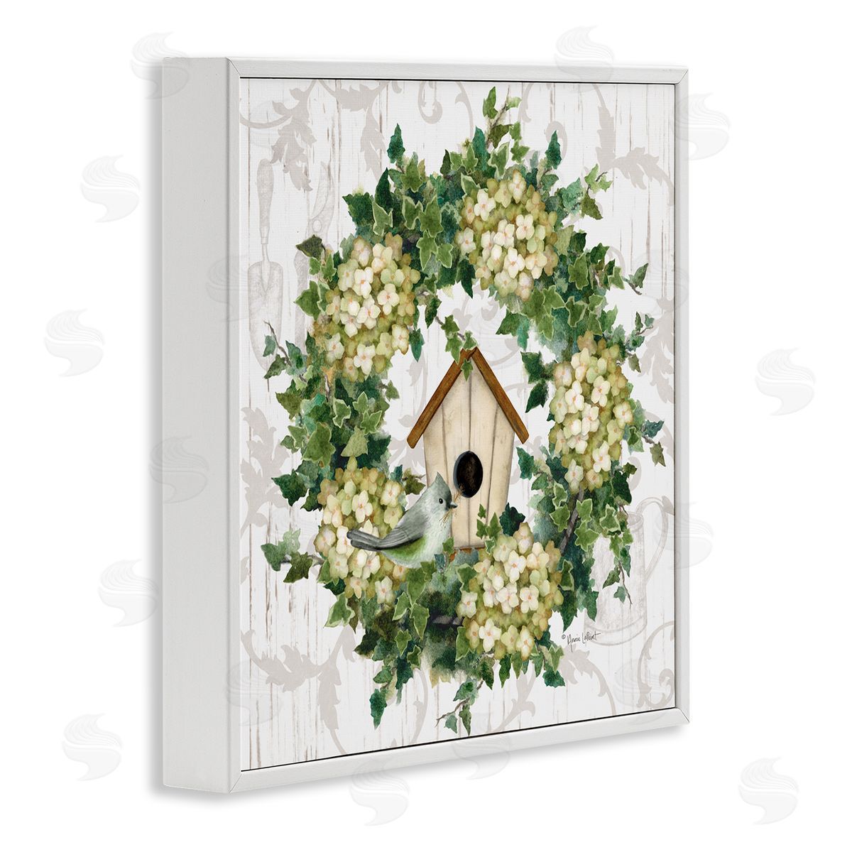 Spring Birdhouse Wreath White Frame Print Wall Art, Home Decor by Annie LaPoint