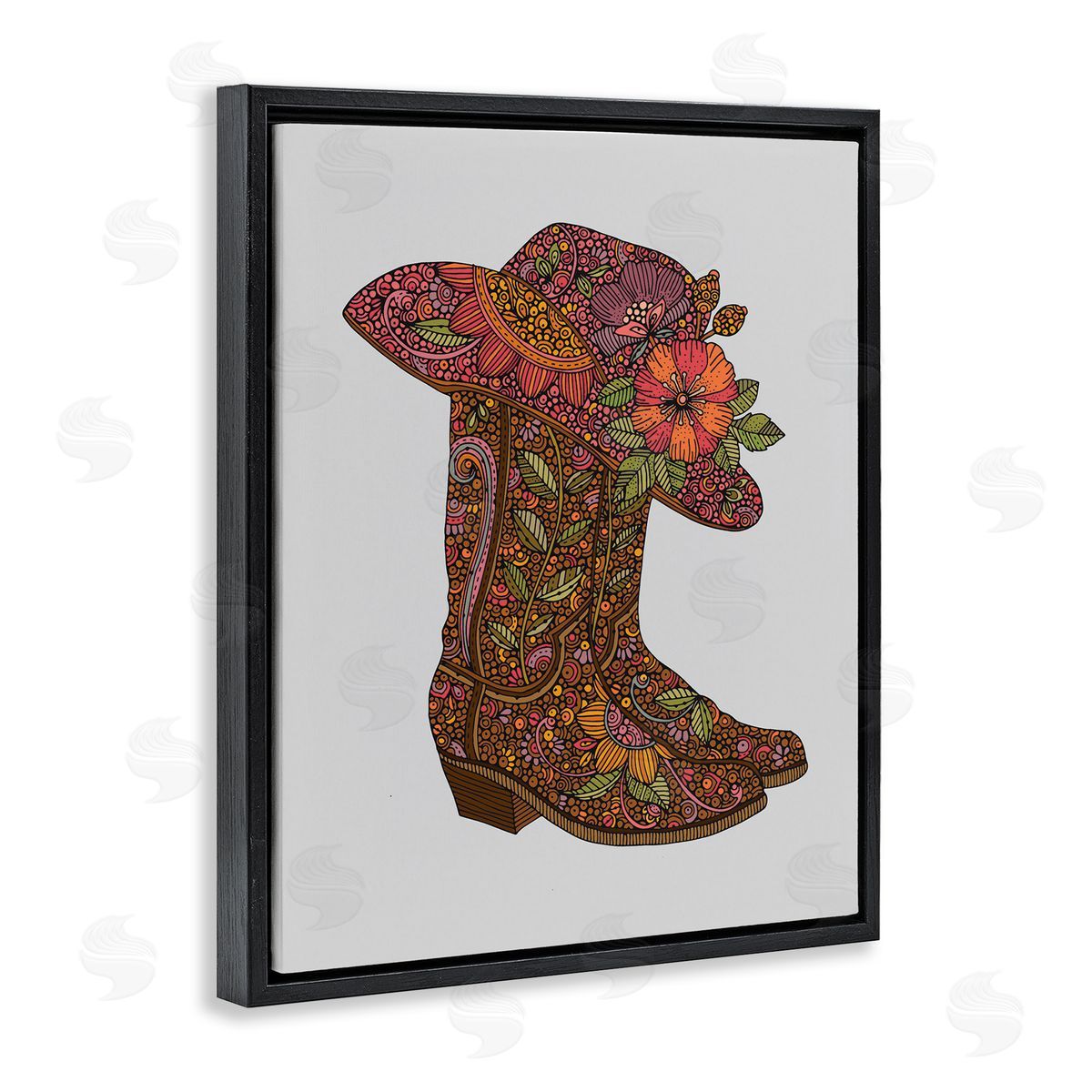 Paisley Cowboy Boots Black Floating Frame Canvas Wall Art, Home Decor by Valentina Harper