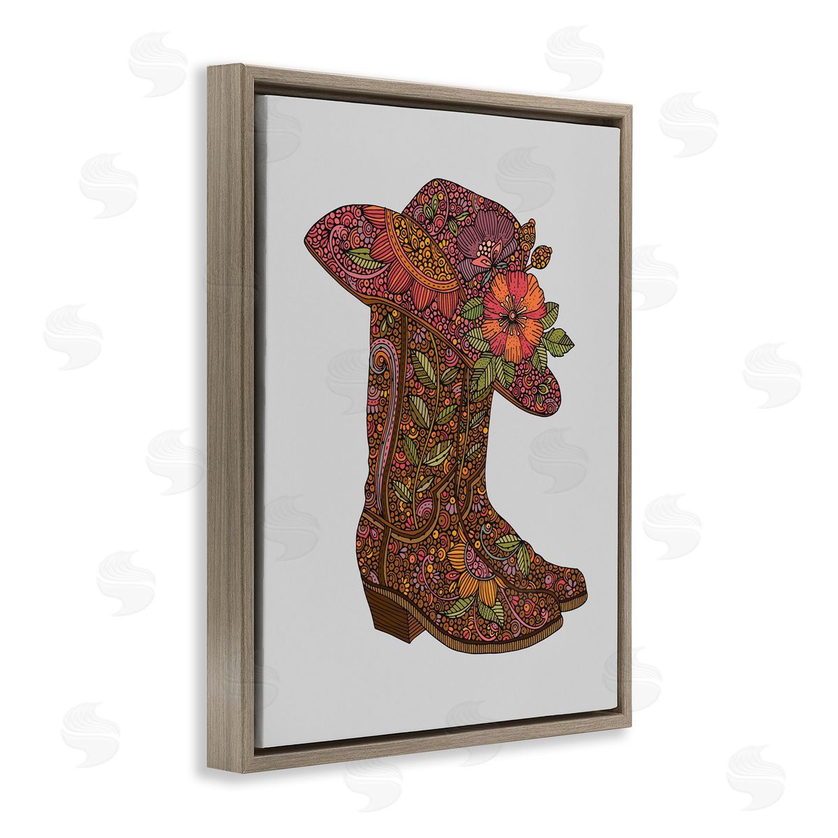Paisley Cowboy Boots Brown Floating Frame Canvas Wall Art, Home Decor by Valentina Harper