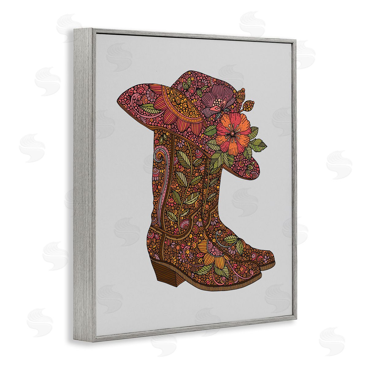 Paisley Cowboy Boots Grey Frame Print Wall Art, Home Decor by Valentina Harper