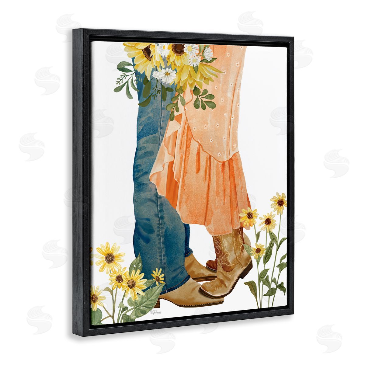 Floral Western Couple Black Floating Frame Canvas Wall Art, Home Decor by Cat Thurman Designs