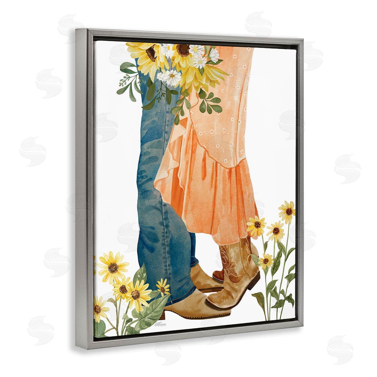 Floral Western Couple Grey Floating Frame Canvas Wall Art, Home Decor by Cat Thurman Designs