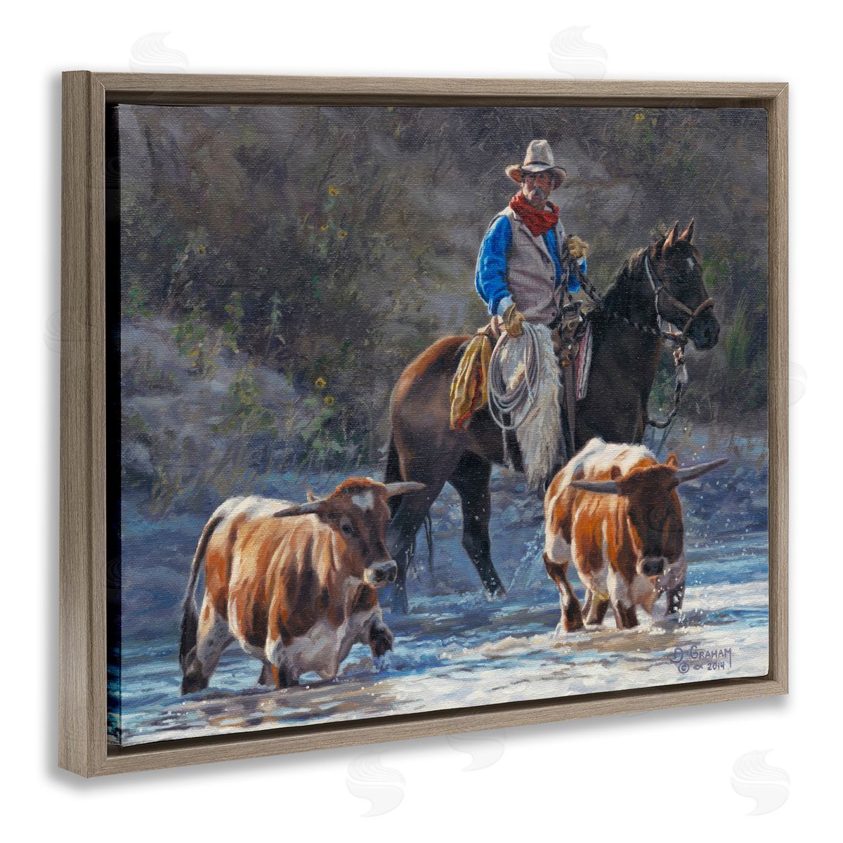 Cowboy Crossing River Brown Floating Frame Canvas Wall Art, Home Decor by David Graham