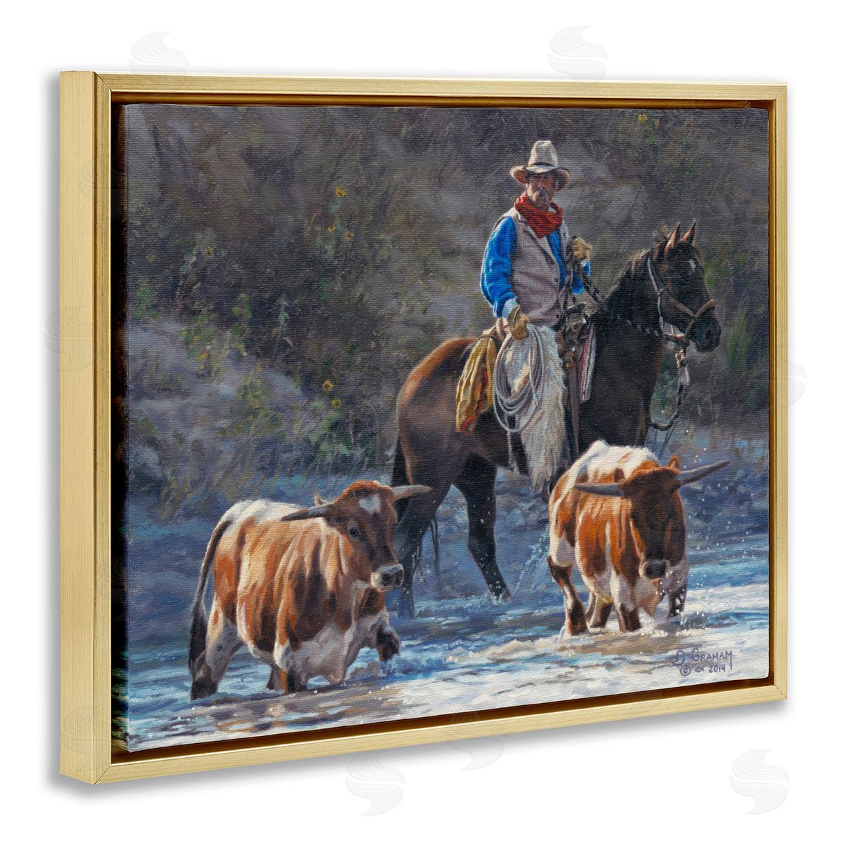 Cowboy Crossing River Gold Floating Frame Canvas Wall Art, Home Decor by David Graham