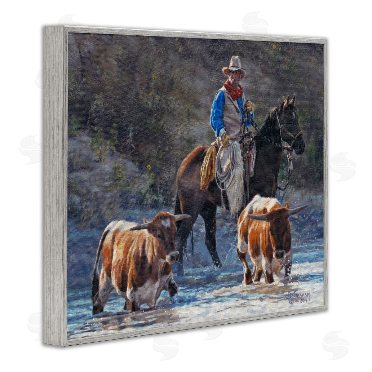 Cowboy Crossing River Grey Frame Print Wall Art, Home Decor by David Graham