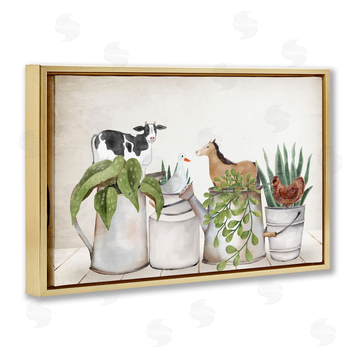 Tin Farm Animal Plants Gold Floating Frame Canvas Wall Art, Home Decor by Kim Allen
