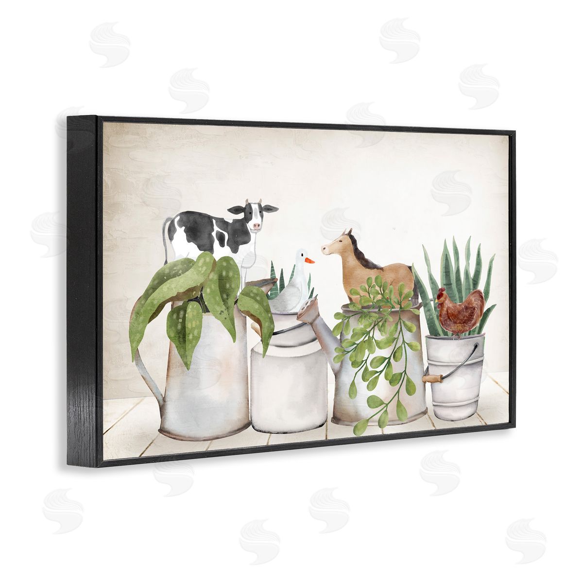 Tin Farm Animal Plants Black Frame Print Wall Art, Home Decor by Kim Allen