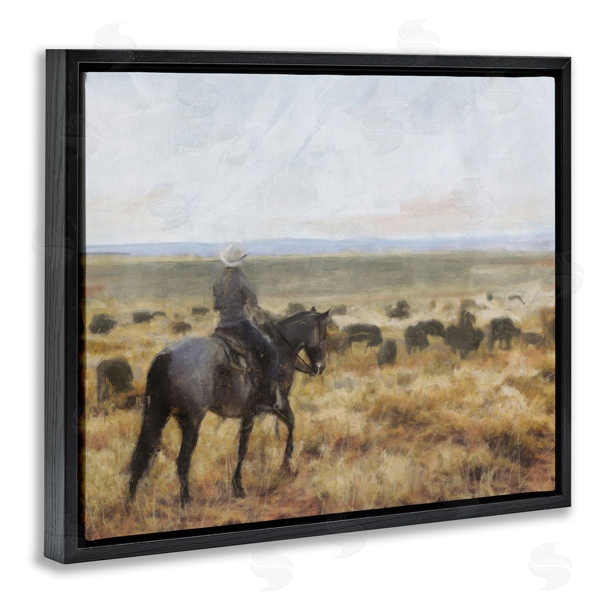 On The Range Cowboy Black Floating Frame Canvas Wall Art, Home Decor by Nina Blue