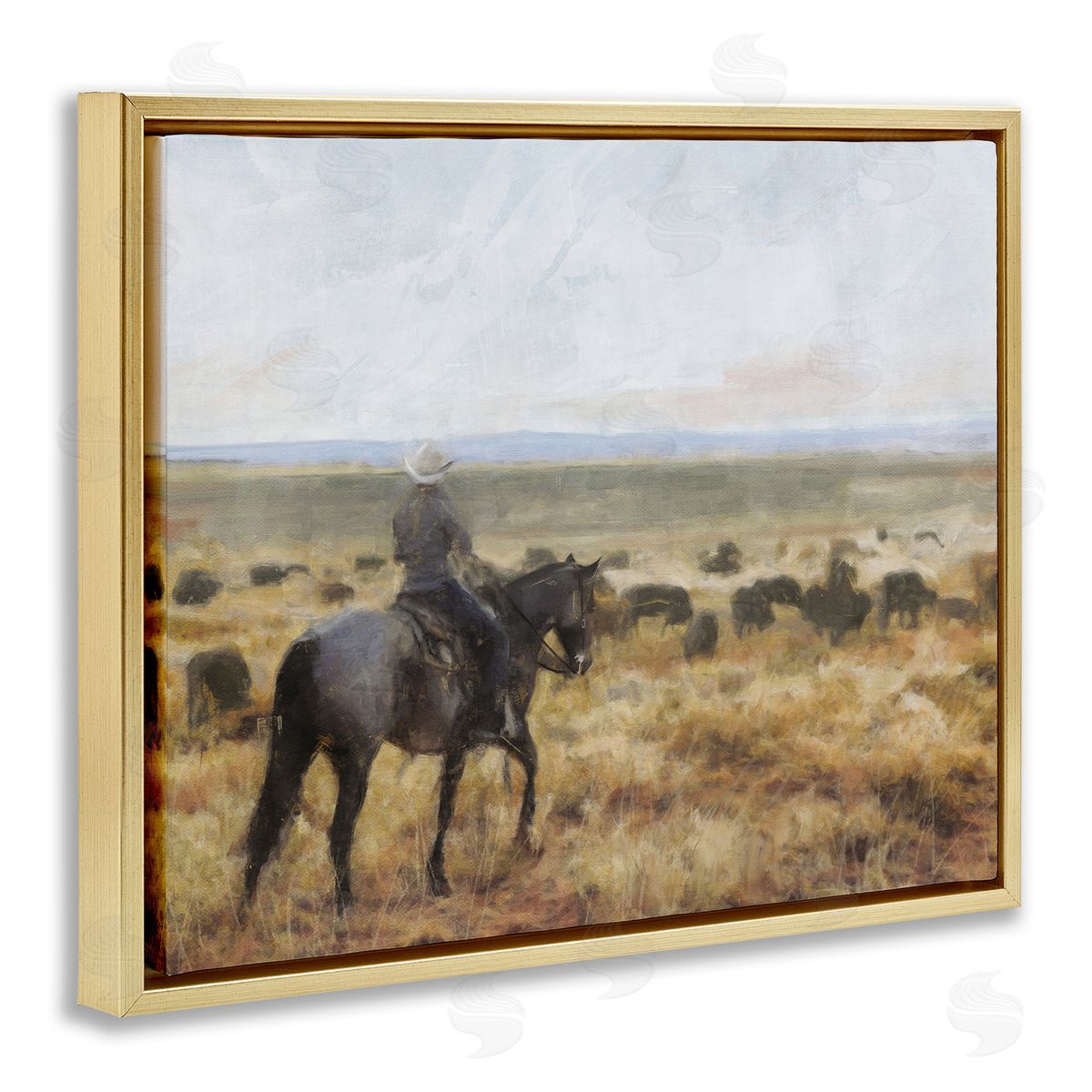 On The Range Cowboy Gold Floating Frame Canvas Wall Art, Home Decor by Nina Blue