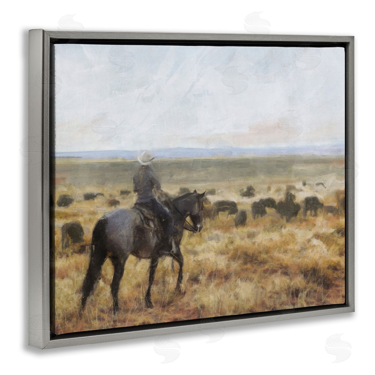 On The Range Cowboy Grey Floating Frame Canvas Wall Art, Home Decor by Nina Blue