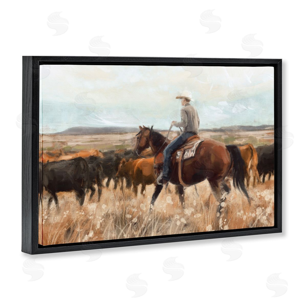 Cowboy Rounding Cattle Black Floating Frame Canvas Wall Art, Home Decor by Nina Blue