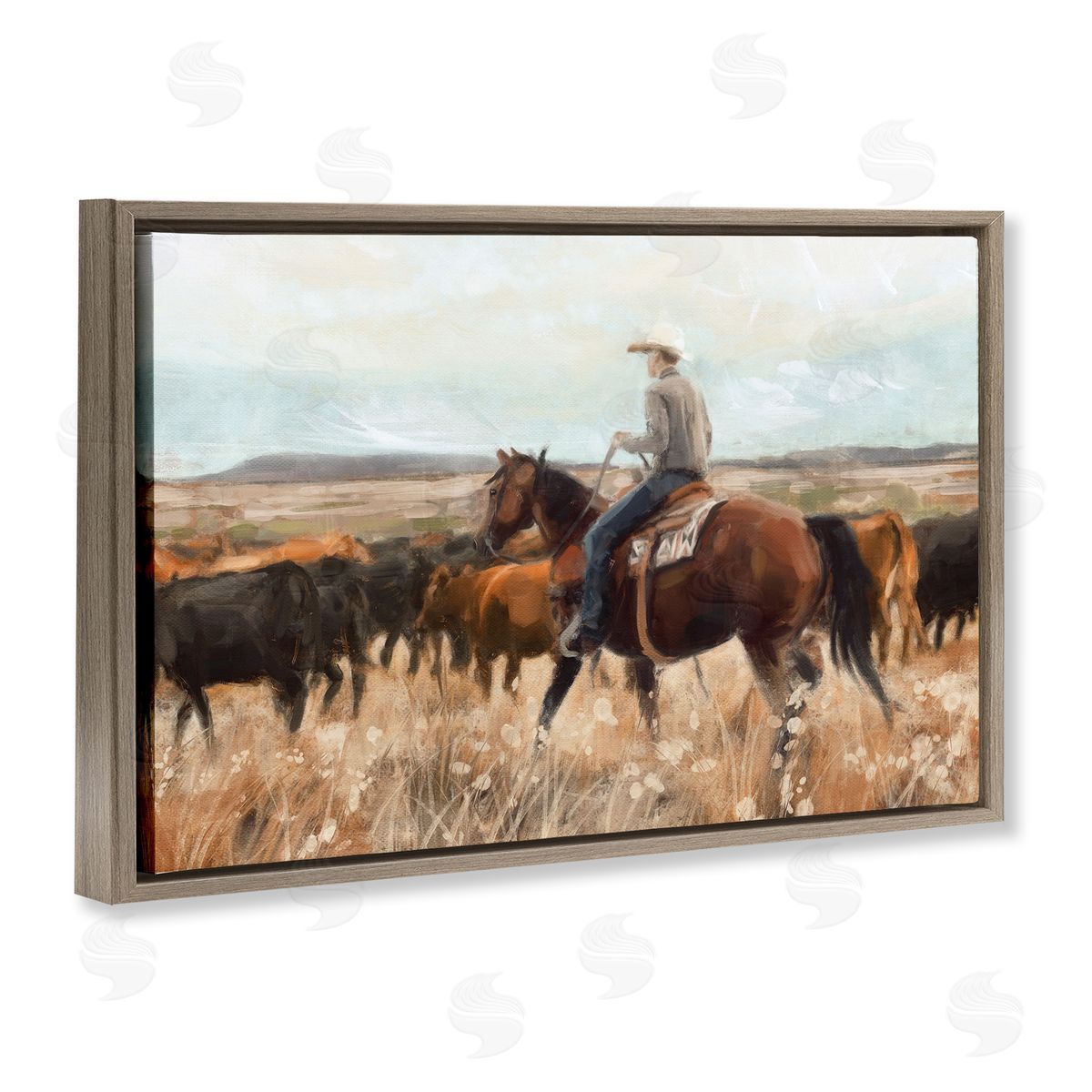 Cowboy Rounding Cattle Brown Floating Frame Canvas Wall Art, Home Decor by Nina Blue
