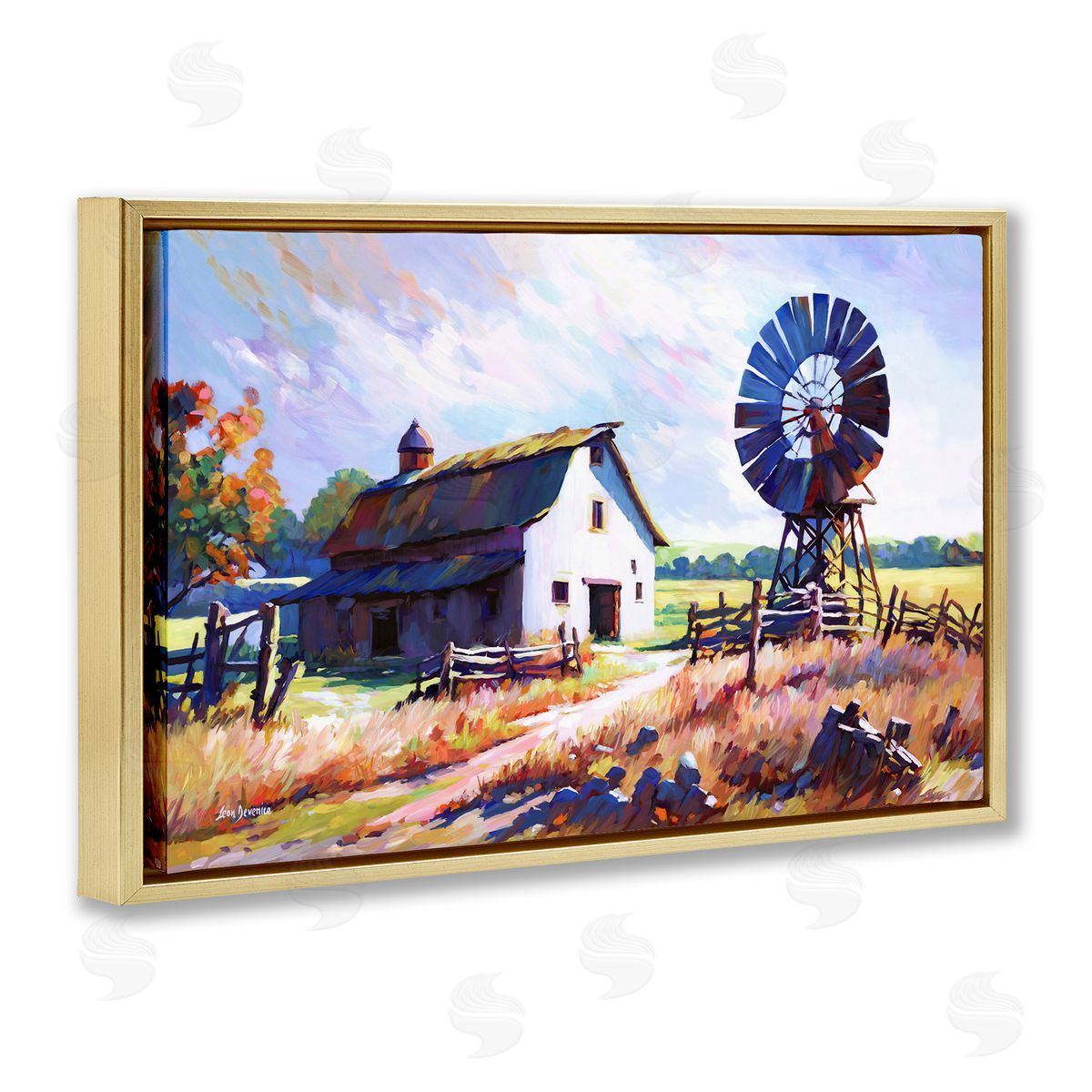 Countryside Serenity Landscape Gold Floating Frame Canvas Wall Art, Home Decor by Leon Devenice