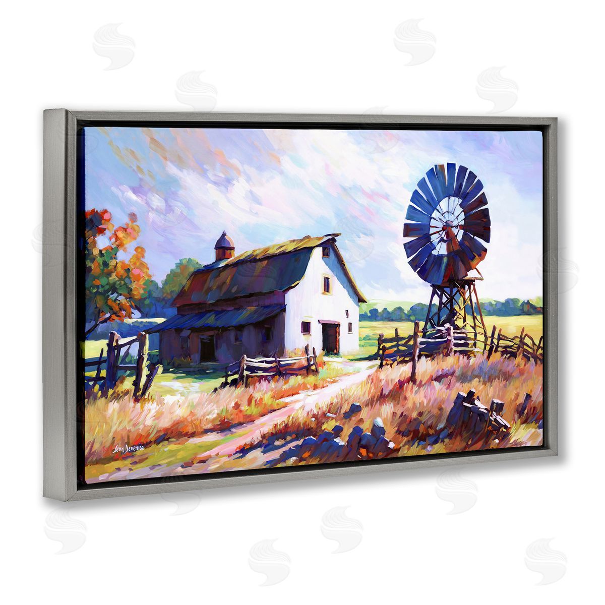 Countryside Serenity Landscape Grey Floating Frame Canvas Wall Art, Home Decor by Leon Devenice