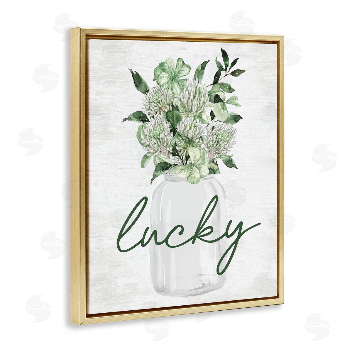 Lucky Spring Shamrocks Gold Floating Frame Canvas Wall Art, Home Decor by Lettered and Lined