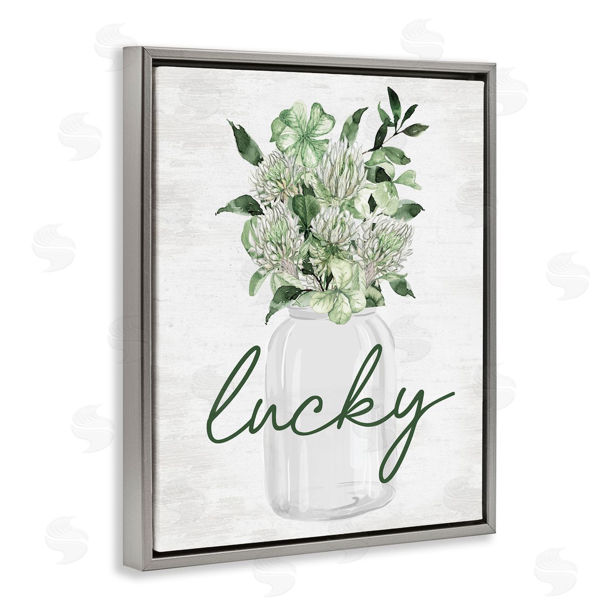 Lucky Spring Shamrocks Grey Floating Frame Canvas Wall Art, Home Decor by Lettered and Lined