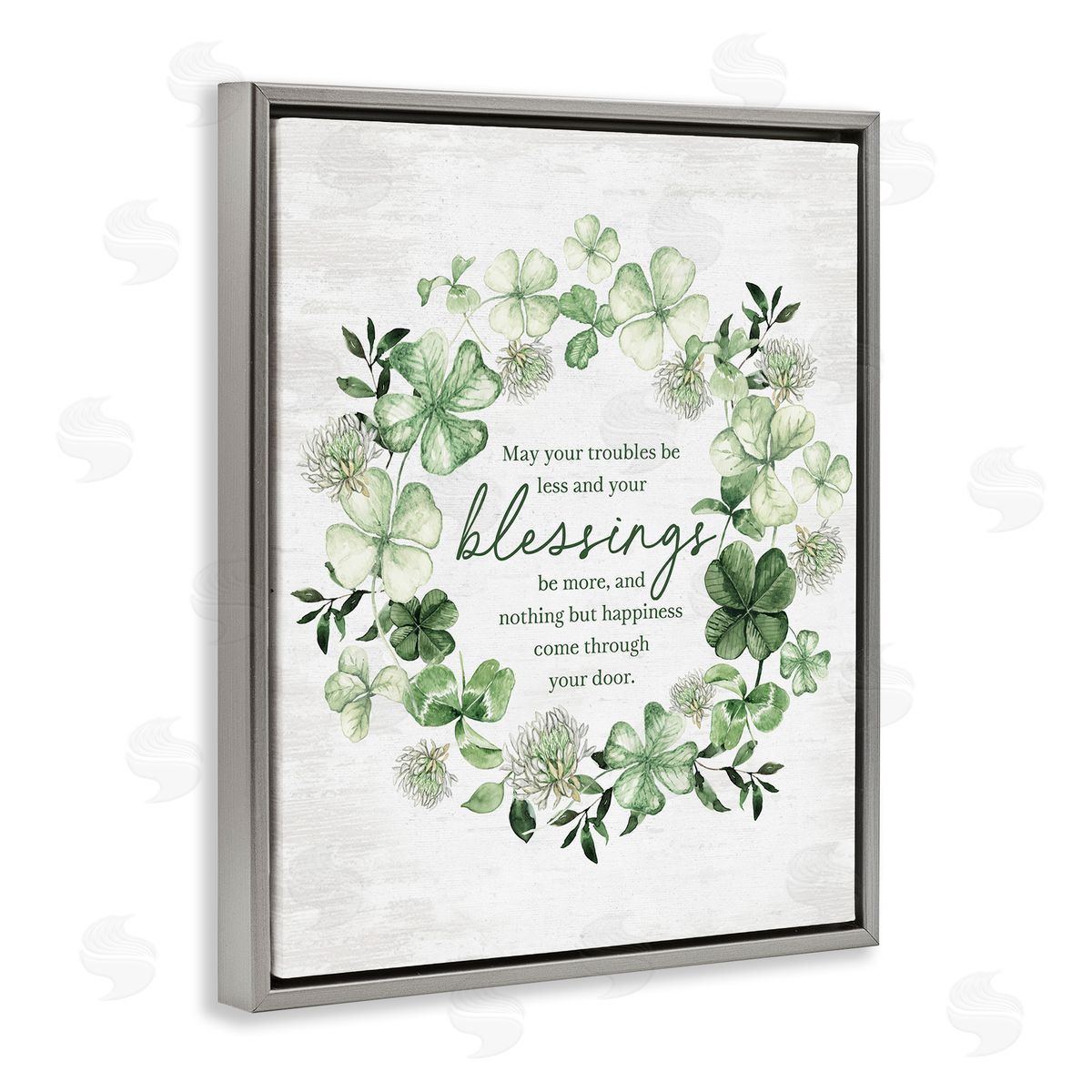 Clover Wreath Blessing Grey Floating Frame Canvas Wall Art, Home Decor by Lettered and Lined