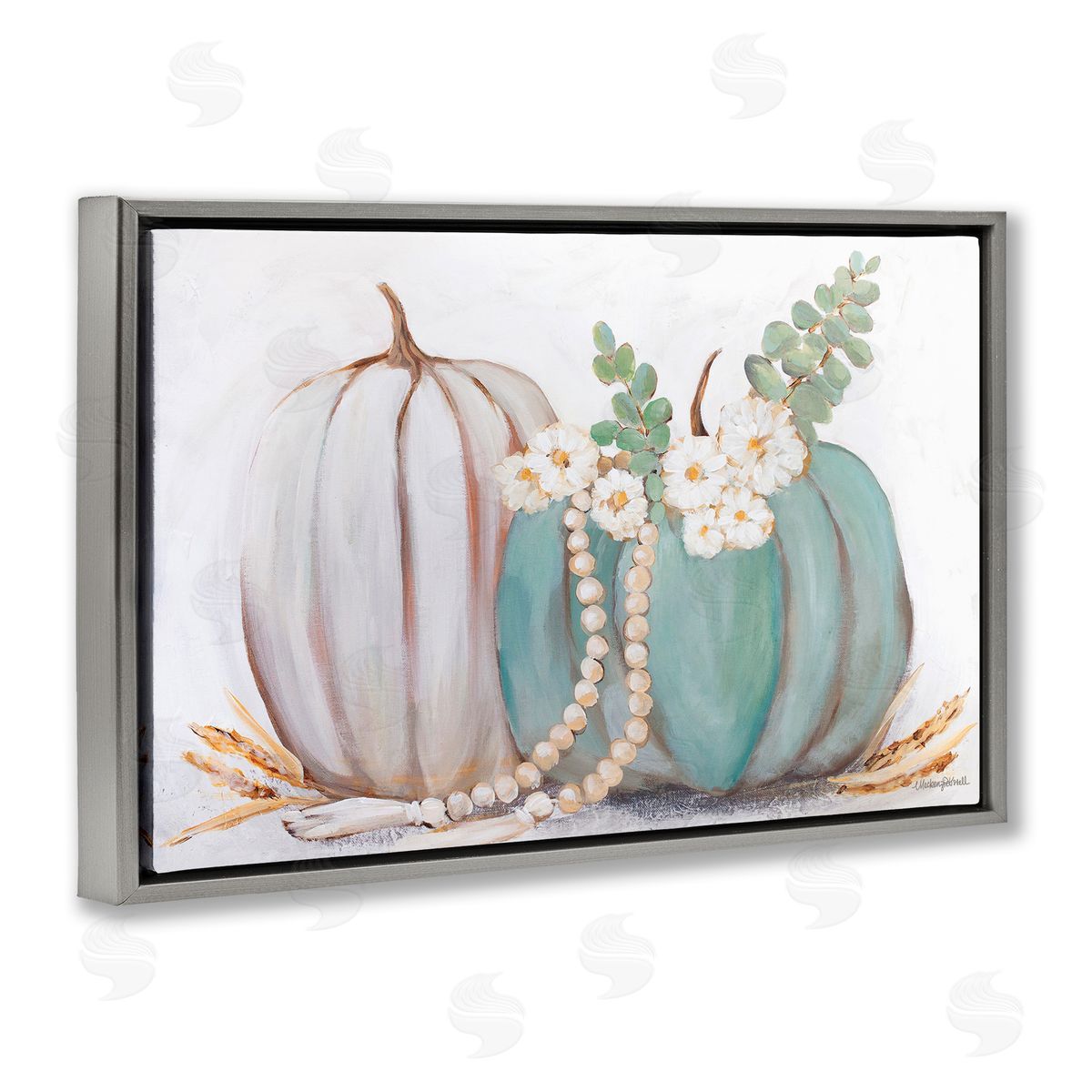 Country Fall Pumpkins Grey Floating Frame Canvas Wall Art, Home Decor by Mackenzie Kissell