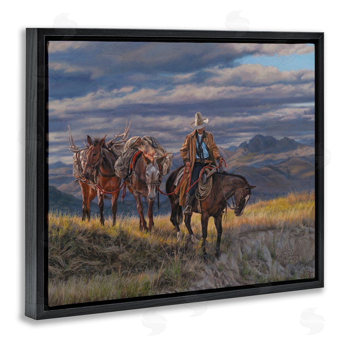 Sauntering Cowboy and Horses Black Floating Frame Canvas Wall Art, Home Decor by David Graham