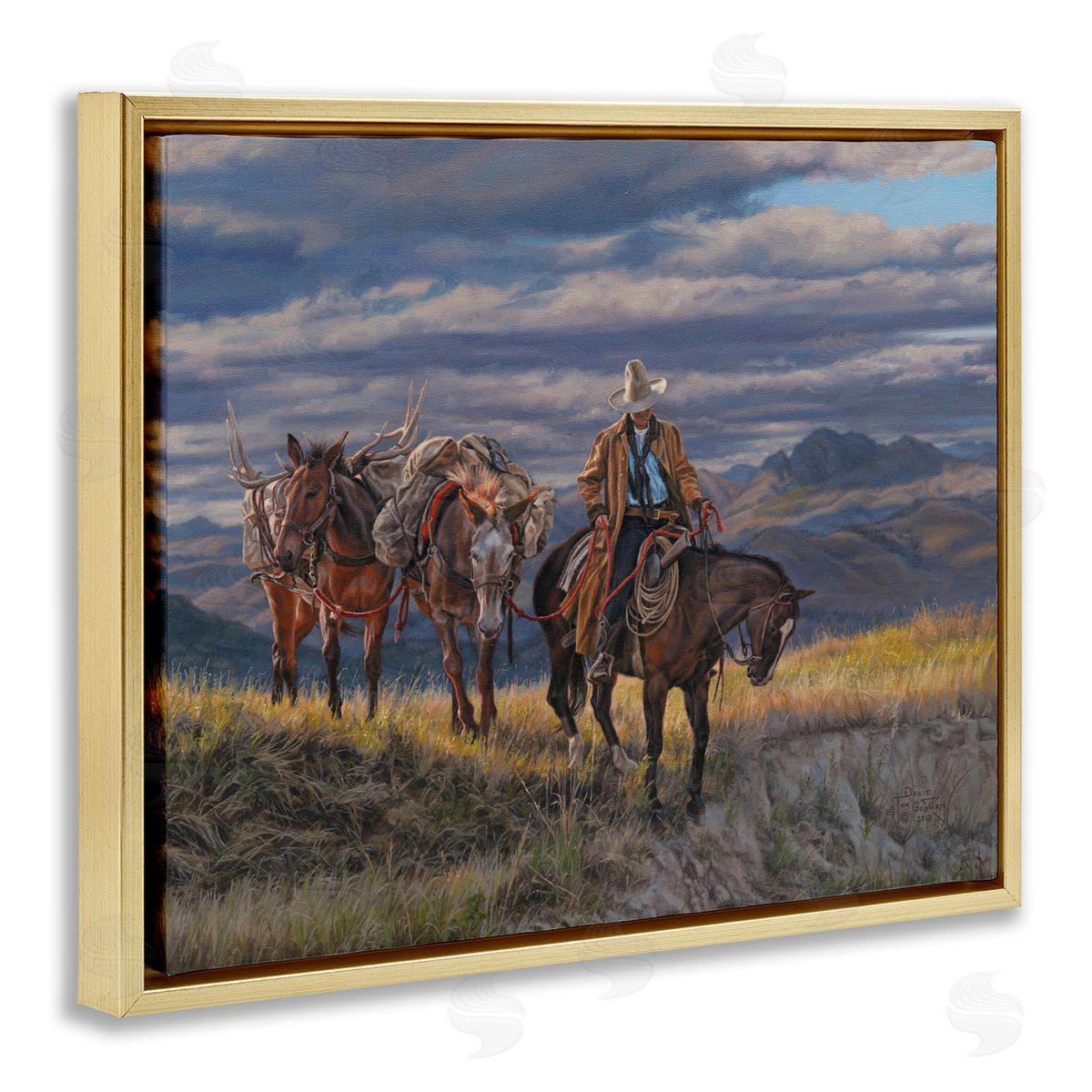 Sauntering Cowboy and Horses Gold Floating Frame Canvas Wall Art, Home Decor by David Graham