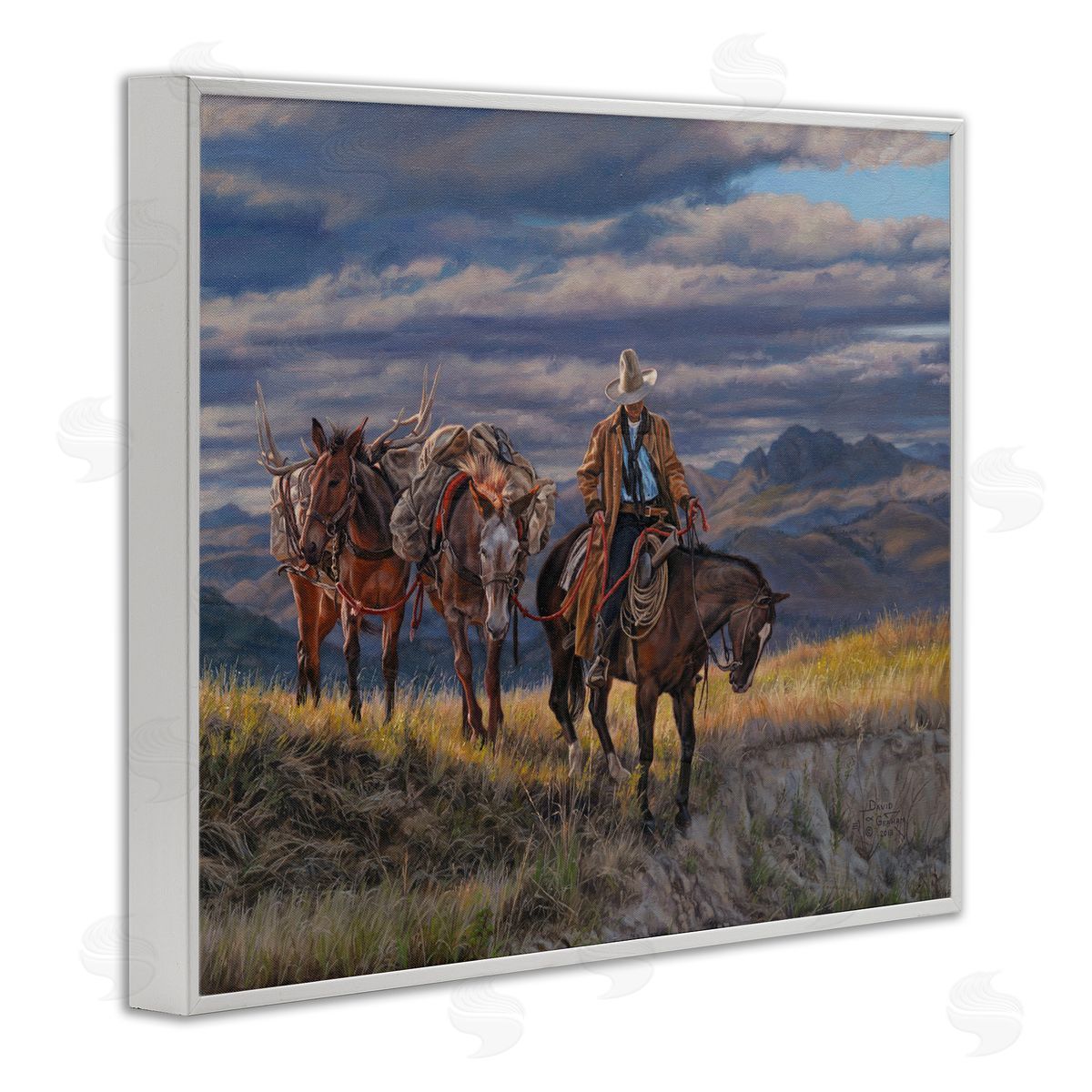 Sauntering Cowboy and Horses White Frame Print Wall Art, Home Decor by David Graham