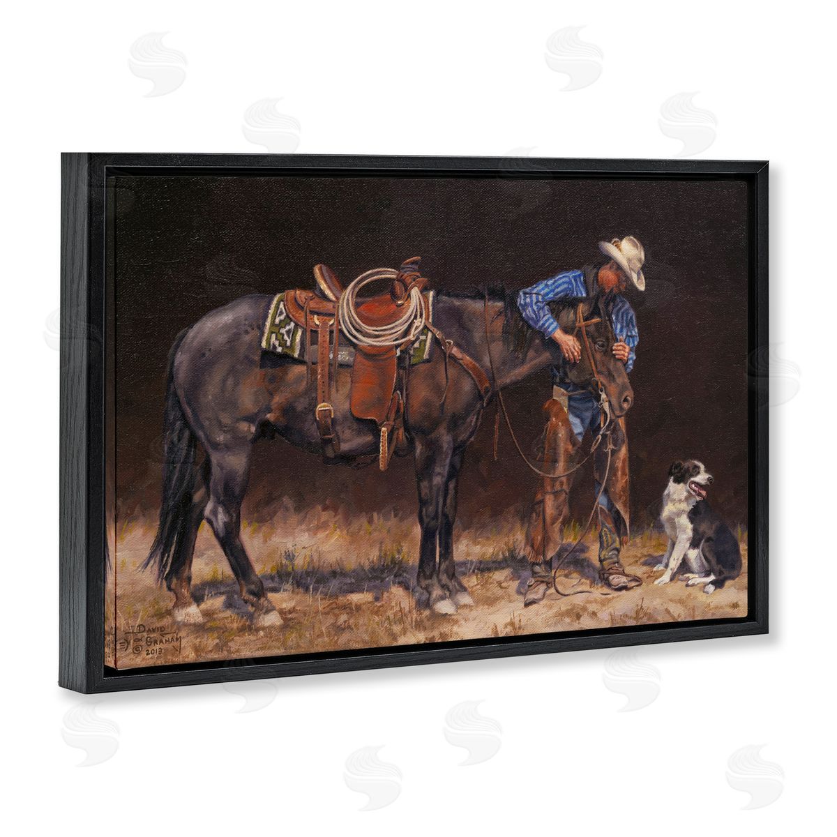 Western Horse and Dog Black Floating Frame Canvas Wall Art, Home Decor by David Graham