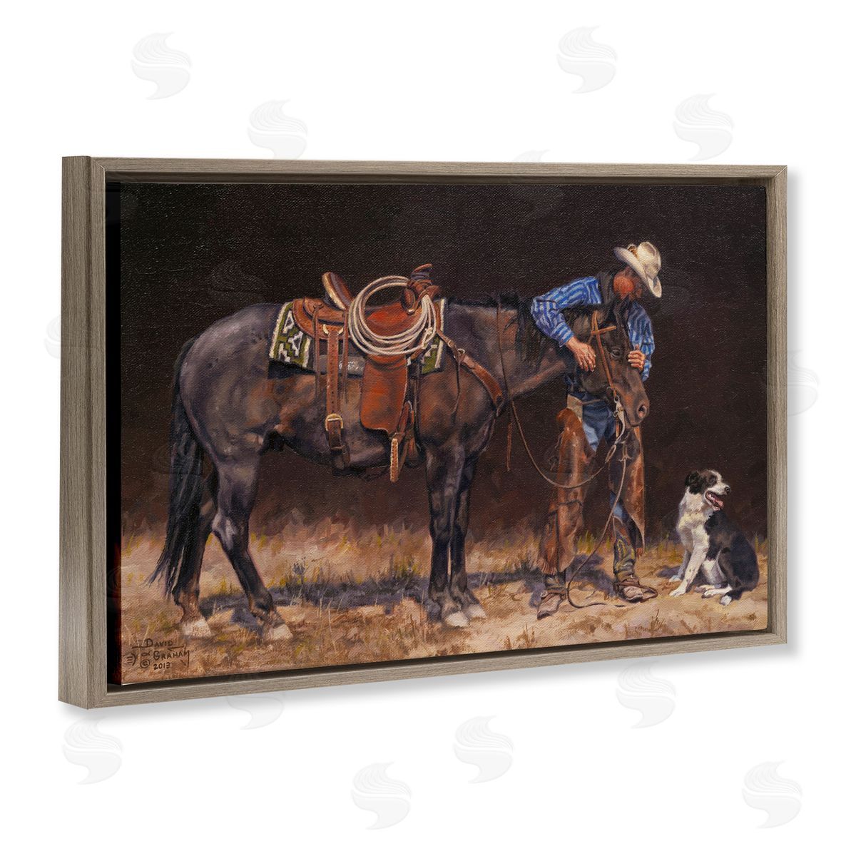 Western Horse and Dog Brown Floating Frame Canvas Wall Art, Home Decor by David Graham
