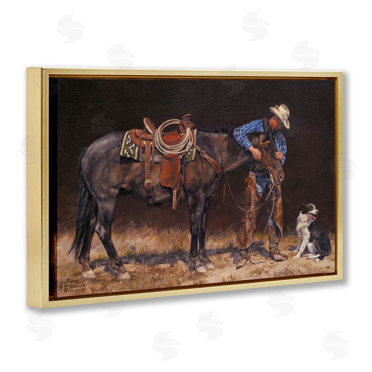 Western Horse and Dog Gold Floating Frame Canvas Wall Art, Home Decor by David Graham