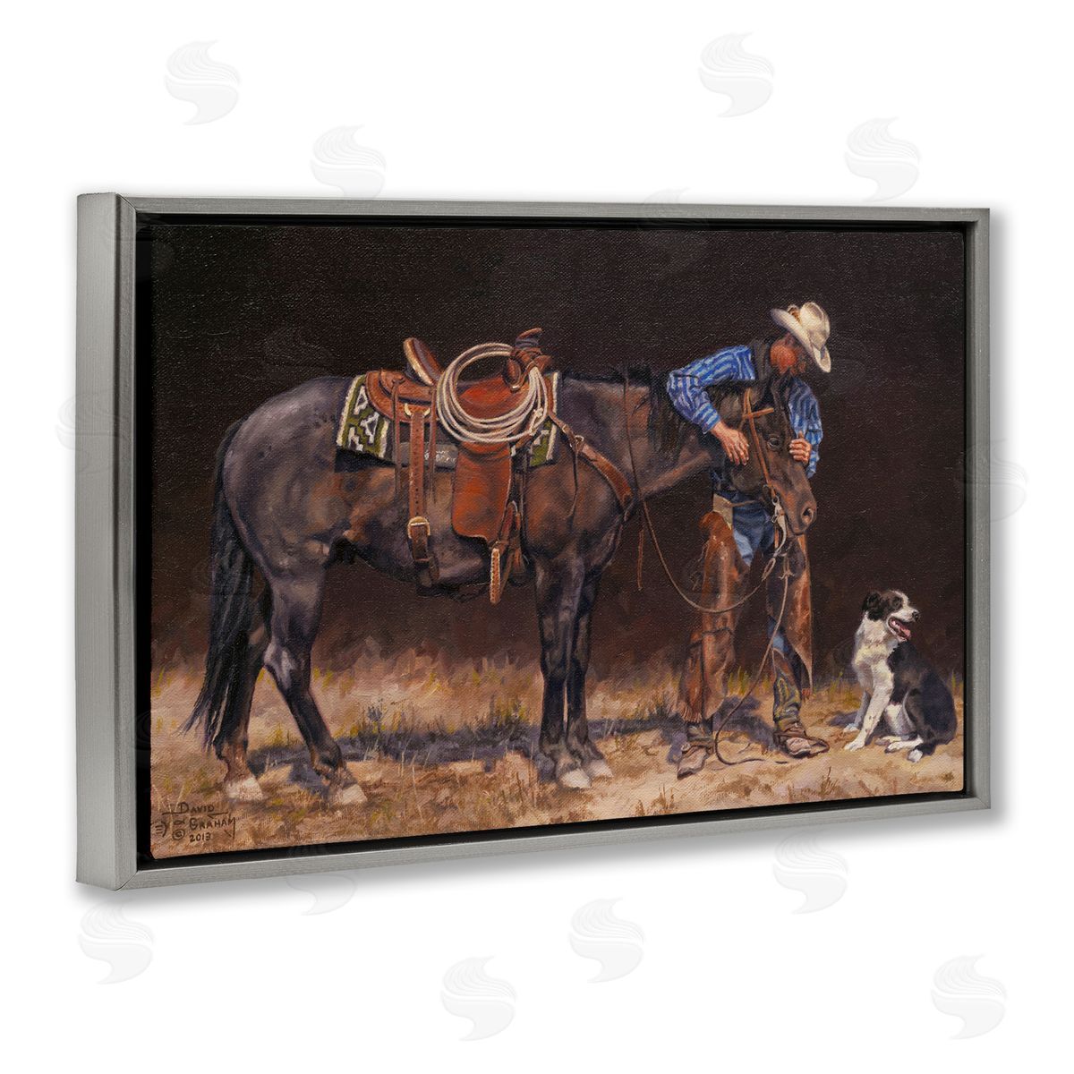 Western Horse and Dog Grey Floating Frame Canvas Wall Art, Home Decor by David Graham