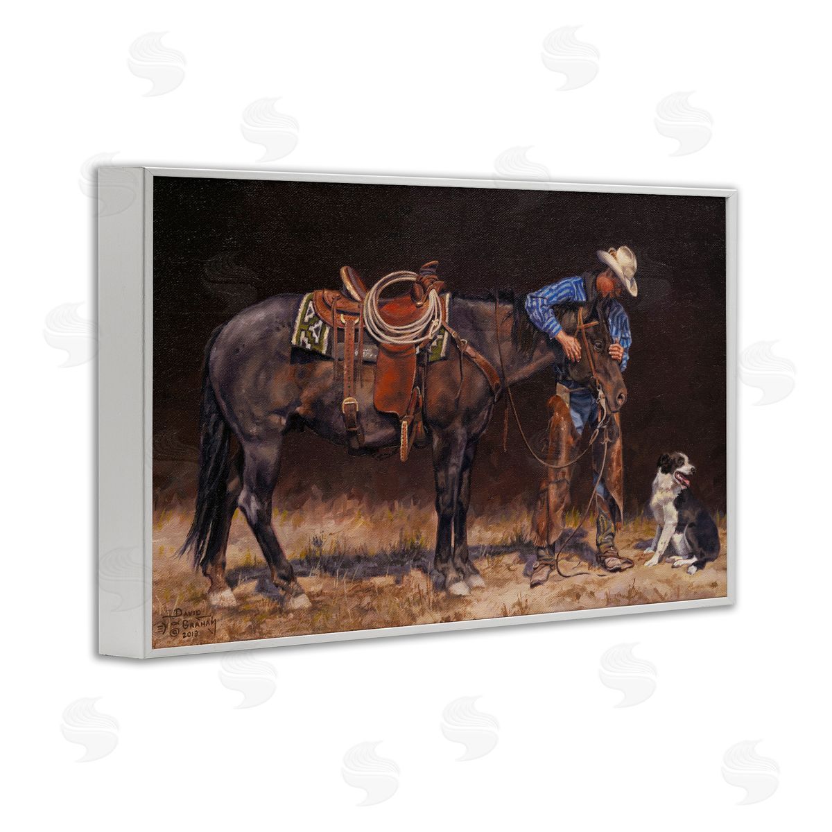 Western Horse and Dog White Frame Print Wall Art, Home Decor by David Graham