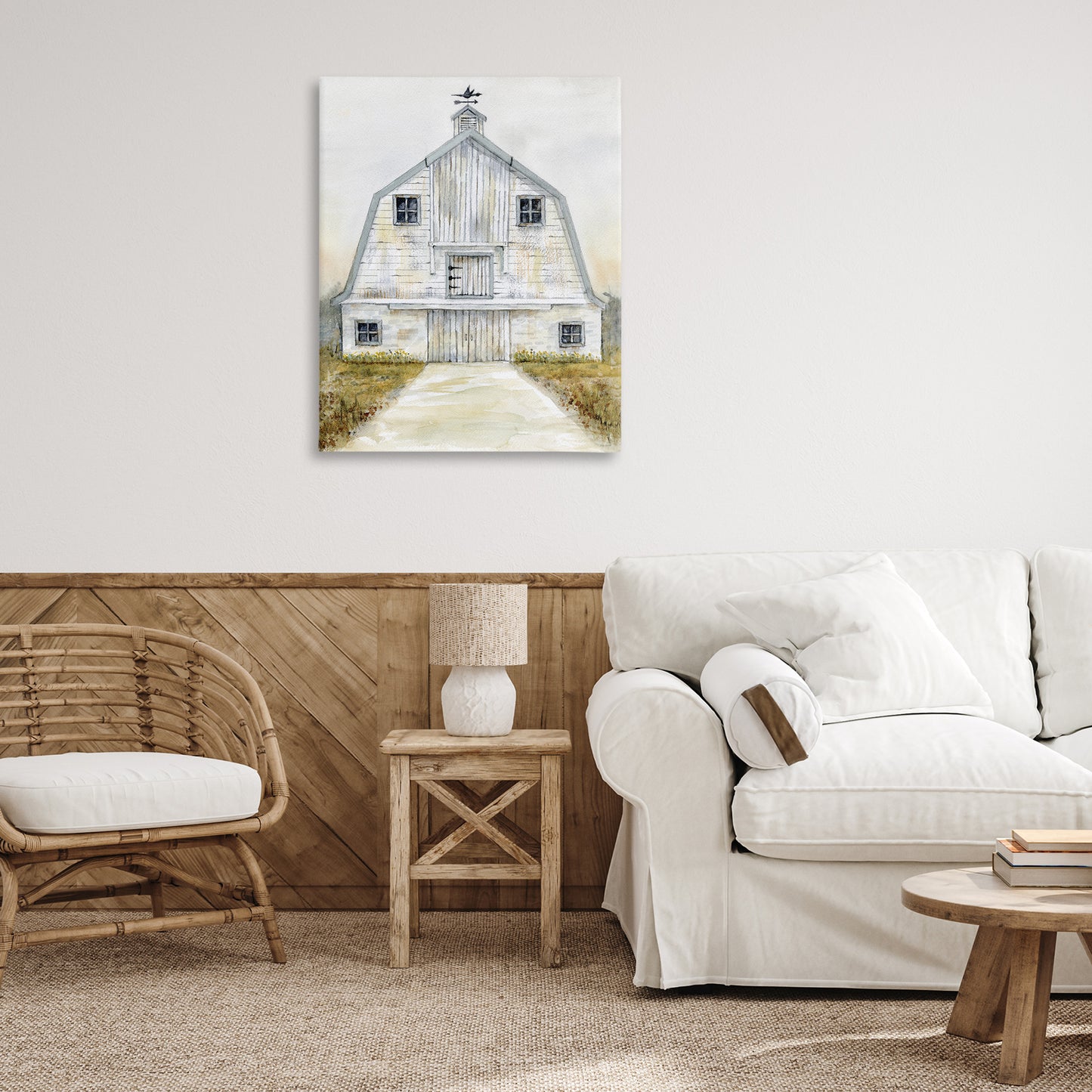 White Barn Grey Trim Canvas Wall Art in Room, Home Decor by Patti Bishop