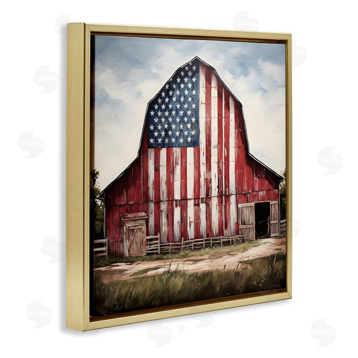 Americana Barn View Gold Floating Frame Canvas Wall Art, Home Decor by Petal Prints Design