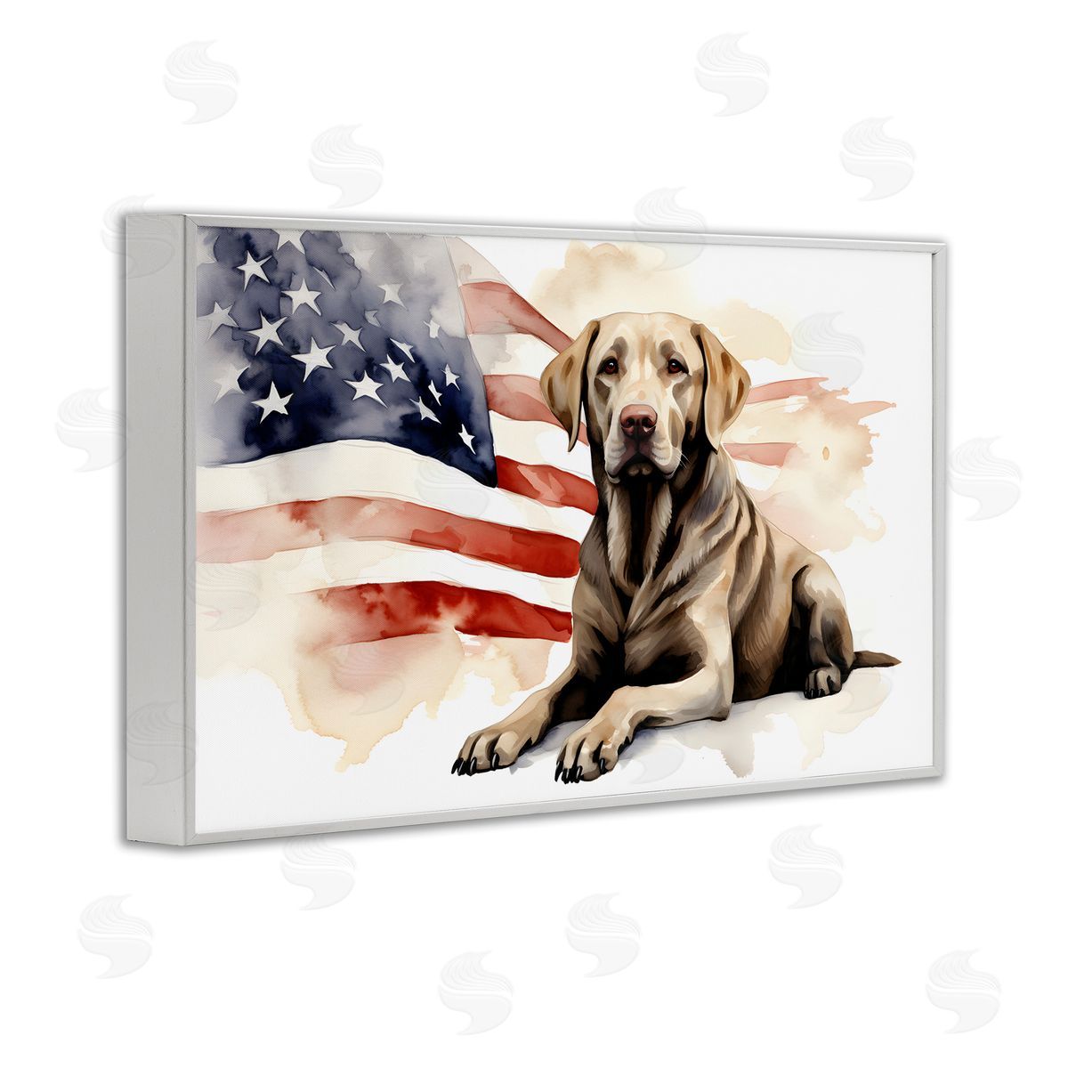 Patriotic Dog with Flag White Frame Print Wall Art, Home Decor by Petal Prints Design