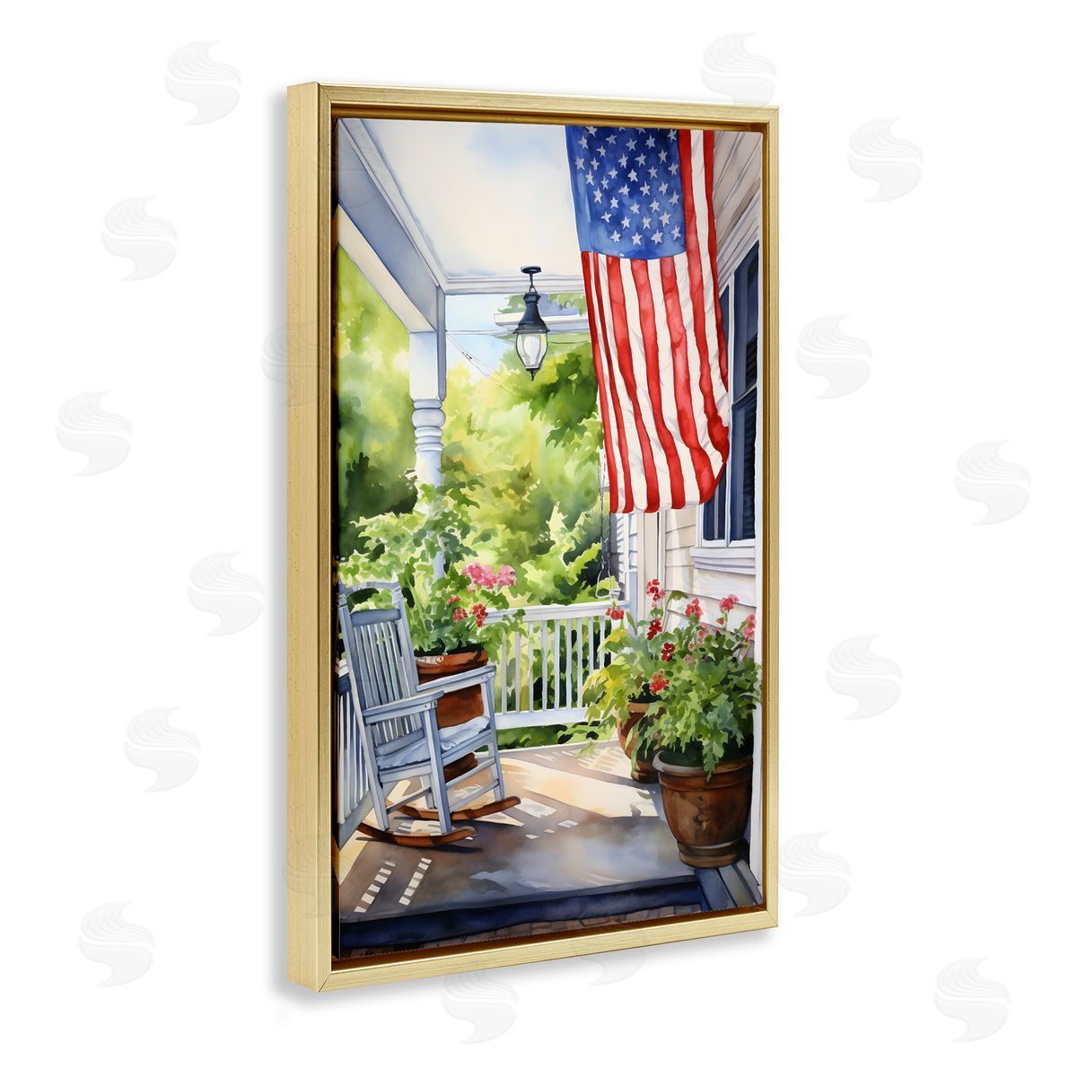 Patriotic Summer Porch Gold Floating Frame Canvas Wall Art, Home Decor by Petal Prints Design
