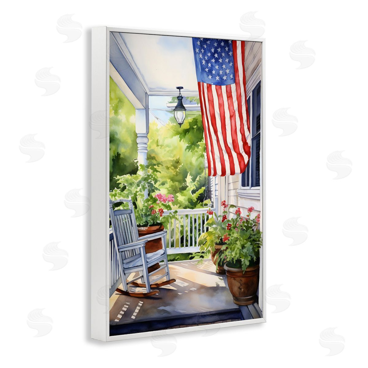 Patriotic Summer Porch White Frame Print Wall Art, Home Decor by Petal Prints Design