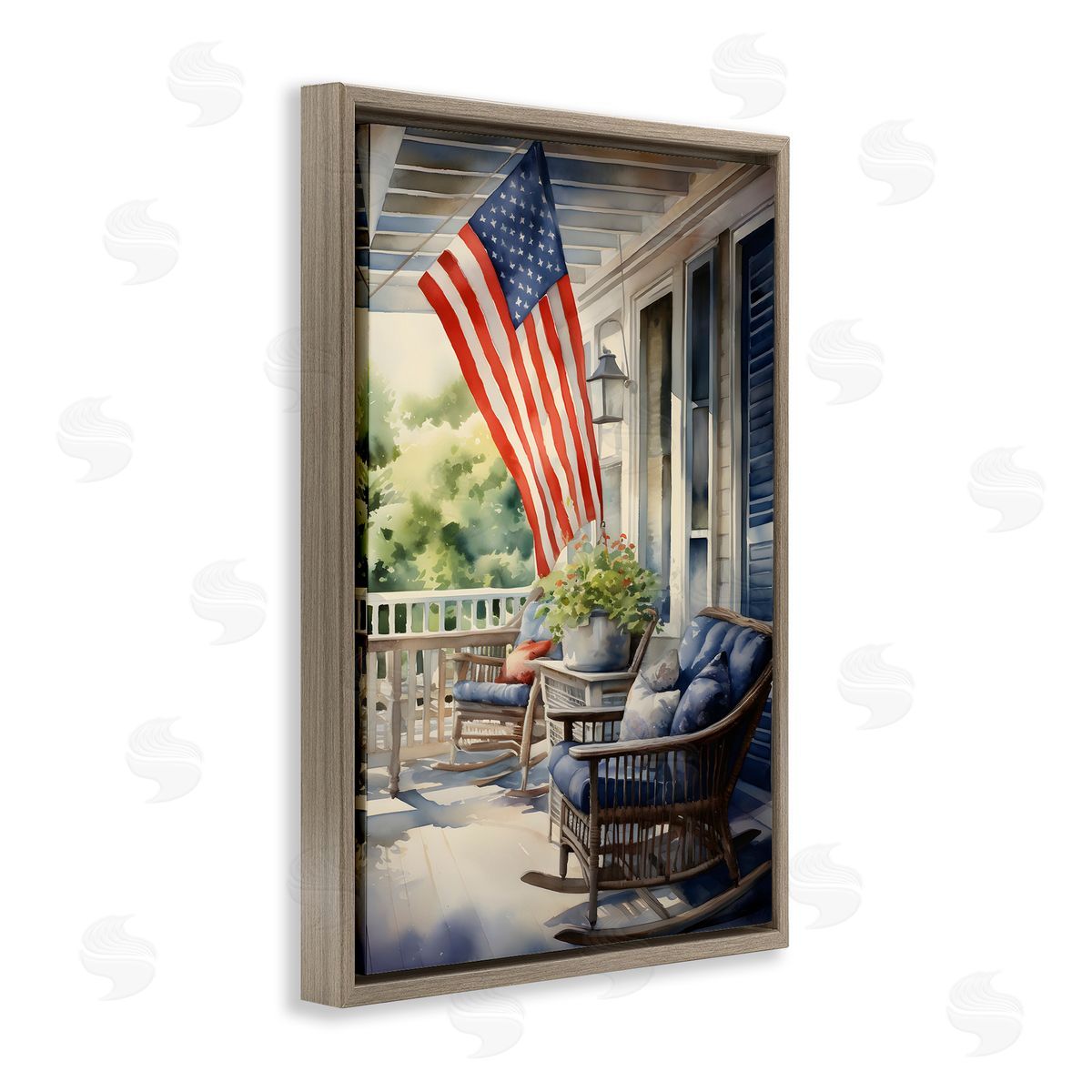 Porch with American Flag Brown Floating Frame Canvas Wall Art, Home Decor by Petal Prints Design