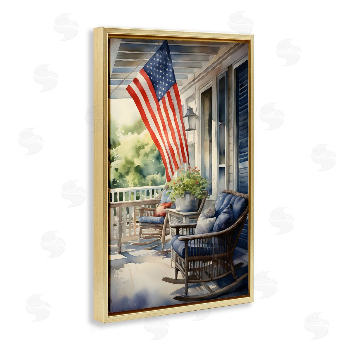 Porch with American Flag Gold Floating Frame Canvas Wall Art, Home Decor by Petal Prints Design