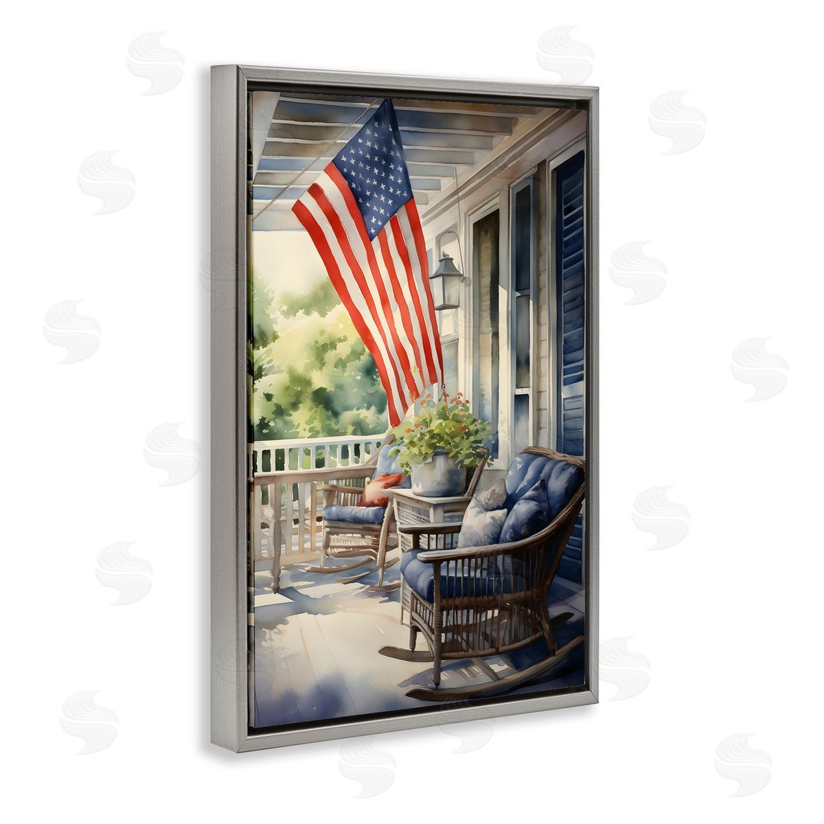Porch with American Flag Grey Floating Frame Canvas Wall Art, Home Decor by Petal Prints Design
