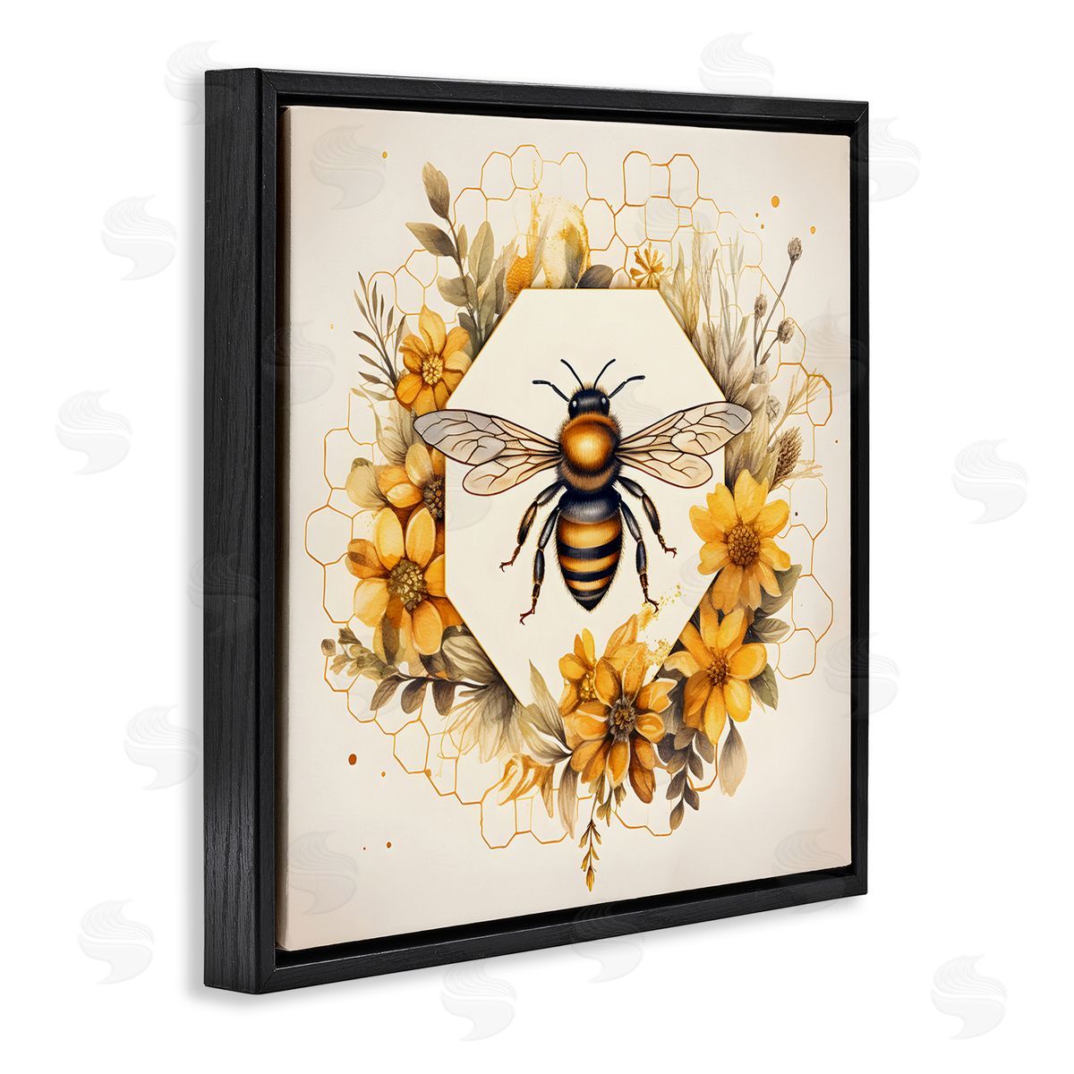 Hexagon Bee Wreath Black Floating Frame Canvas Wall Art, Home Decor by Petal Prints Design