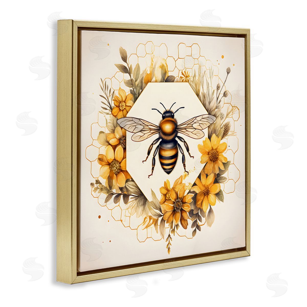 Hexagon Bee Wreath Gold Floating Frame Canvas Wall Art, Home Decor by Petal Prints Design