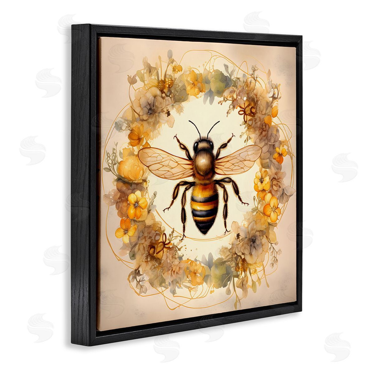 Country Bee Wreath Black Floating Frame Canvas Wall Art, Home Decor by Petal Prints Design