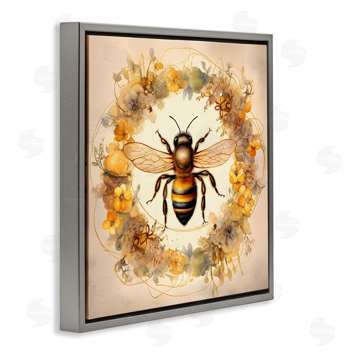 Country Bee Wreath Grey Floating Frame Canvas Wall Art, Home Decor by Petal Prints Design